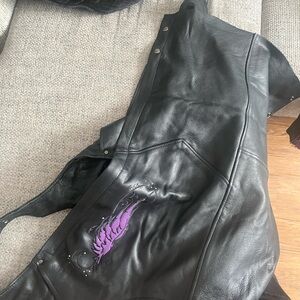 Black Leather Jacket with Purple Detail